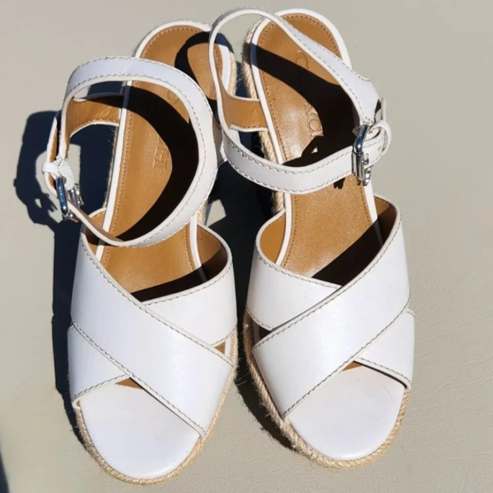 Coach Eaton Chalk Platform Wedge Sandals ivory & denim Size 7B